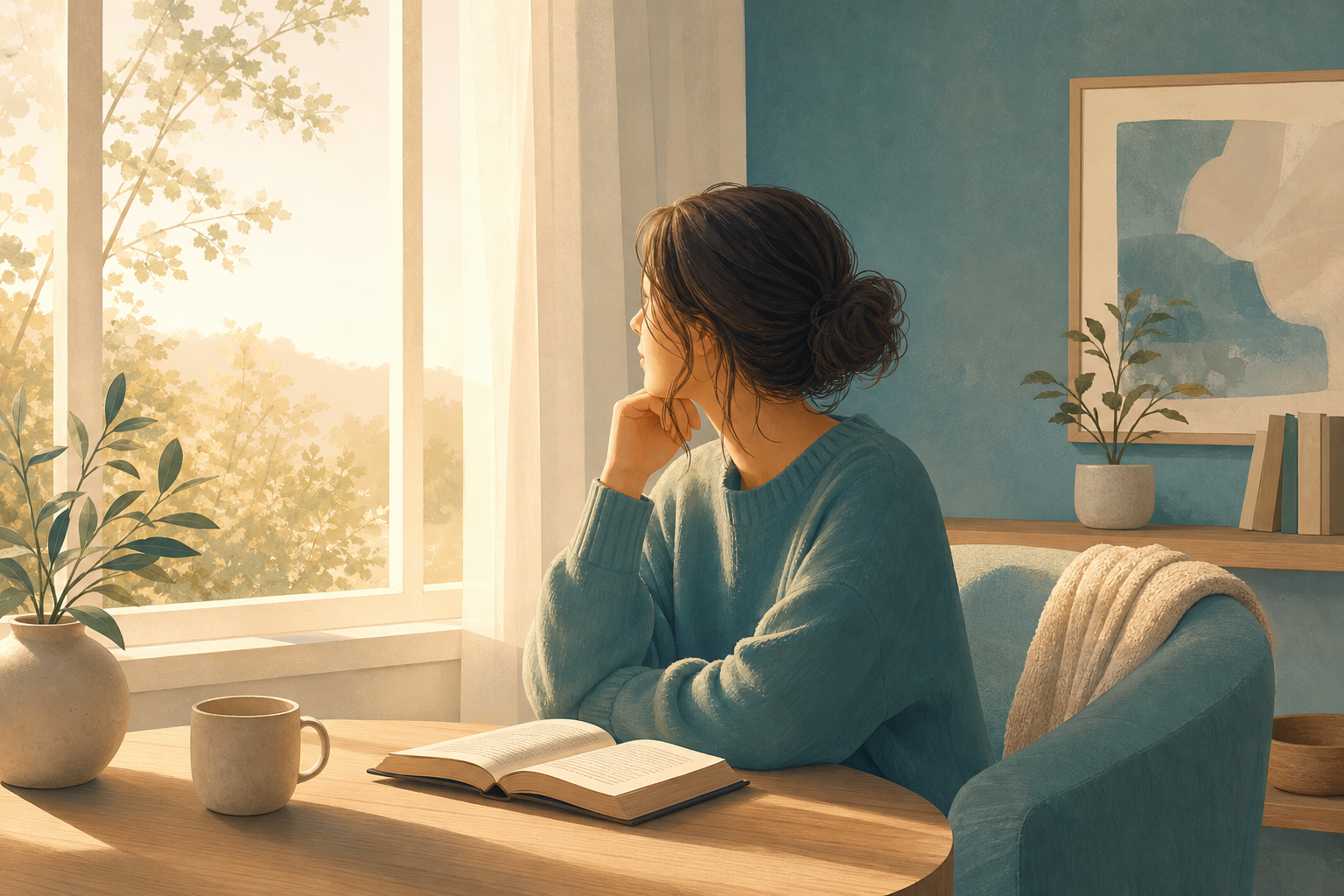 A person reflecting peacefully by a sunlit window