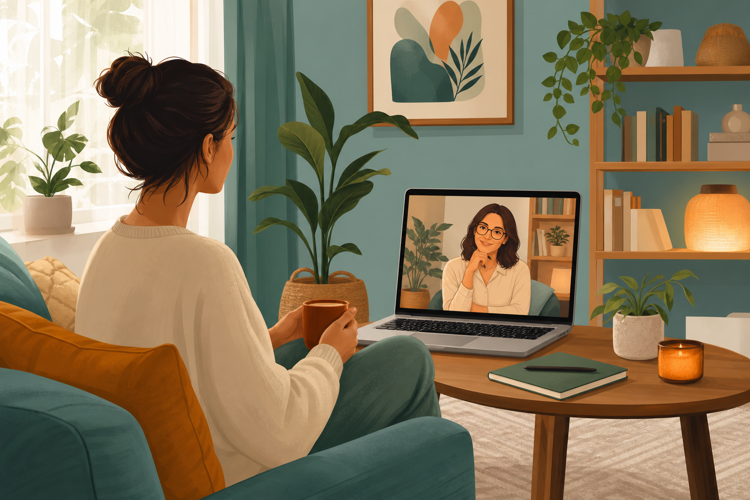 A person having a relaxed online therapy video session at home
