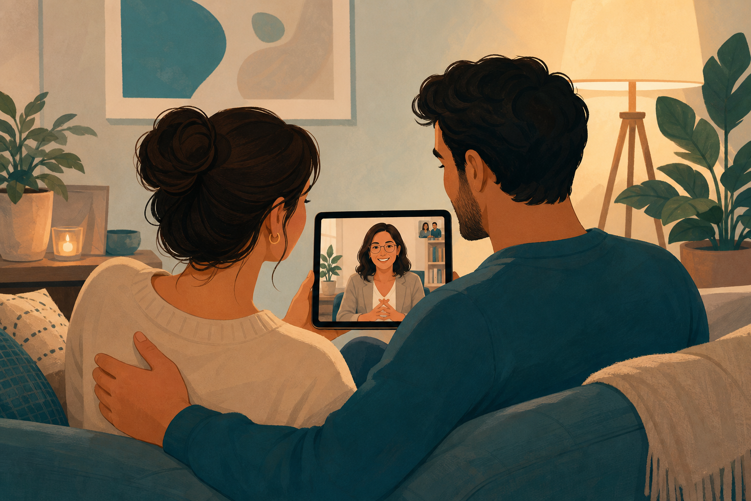 A couple having an online counseling session on a tablet