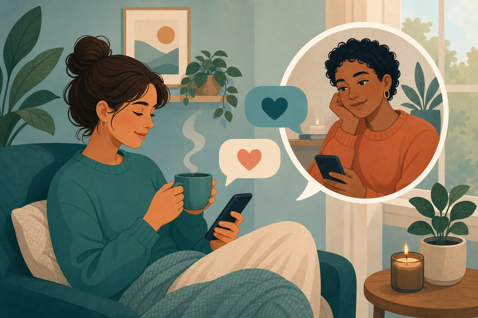 A person messaging a supportive listener while relaxing at home
